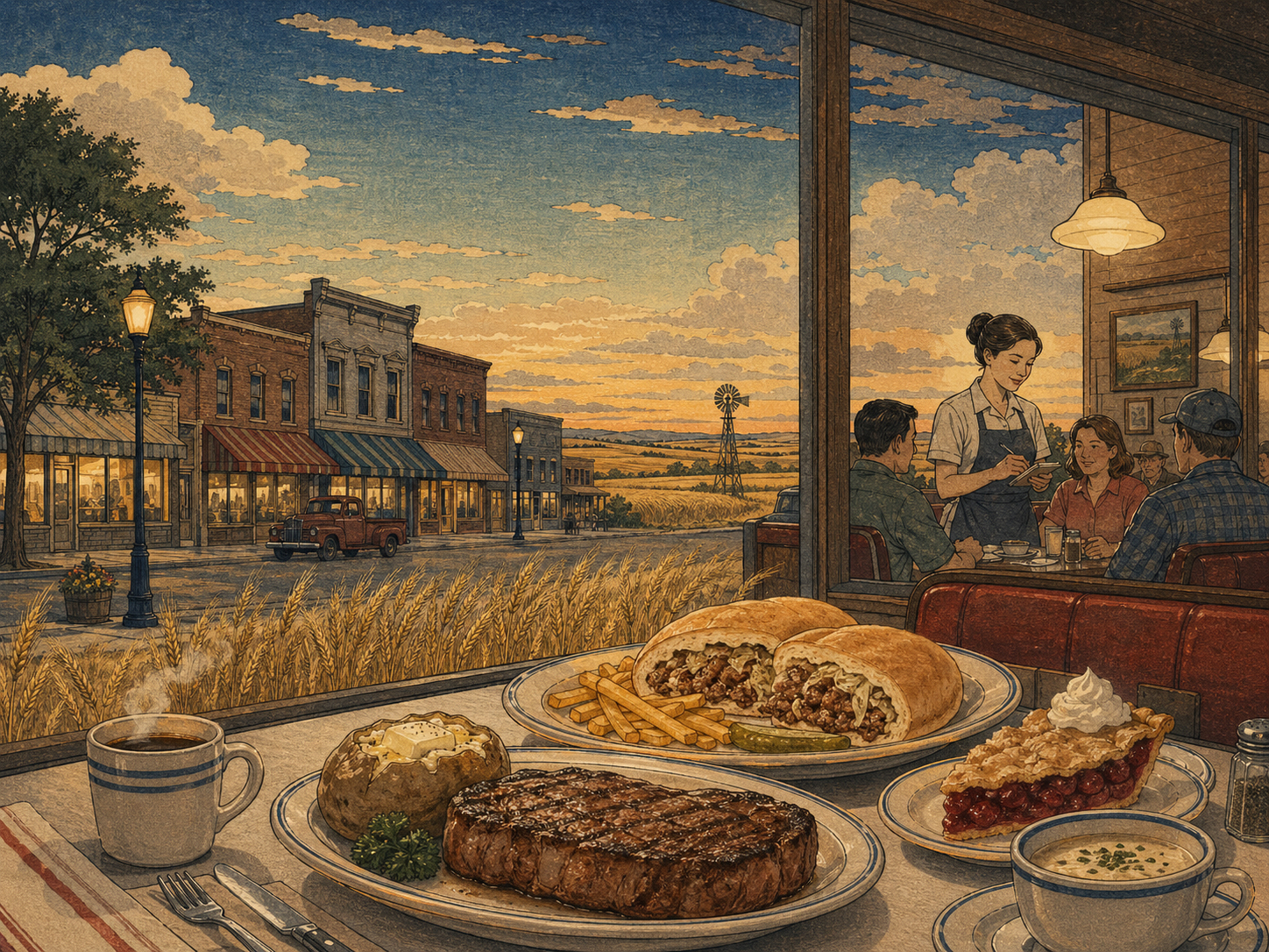 ネブラスカのステーキ、ランザ、ダイナー、パイ、コーヒー