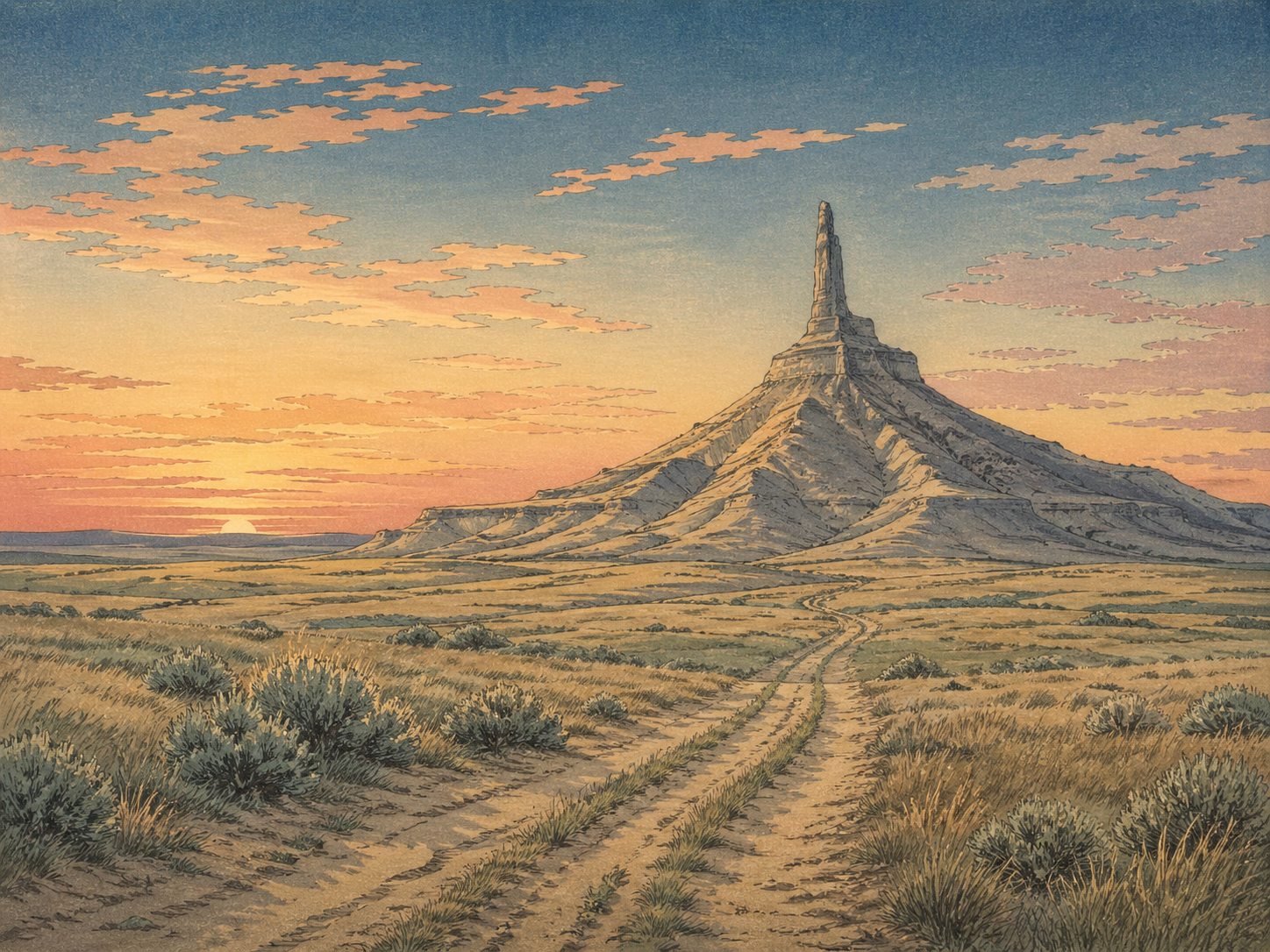 夜明けのチムニー・ロックとオレゴン・トレイルの轍