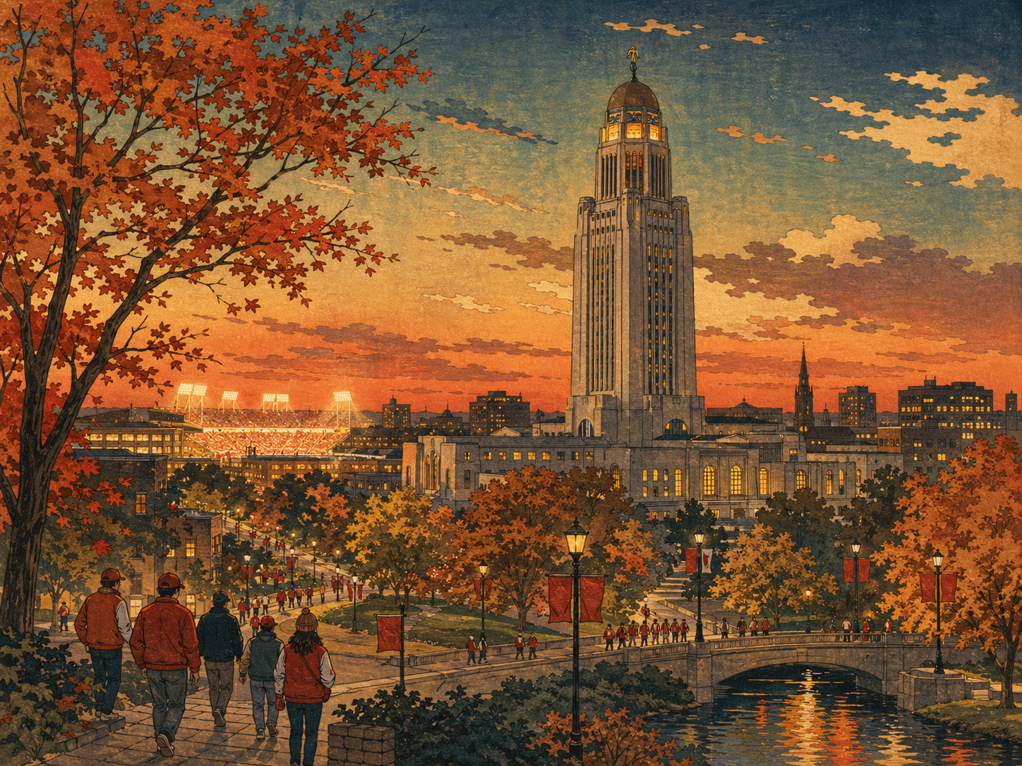 秋の夕暮れ、ネブラスカ州会議事堂とフットボールの熱気があるリンカーン