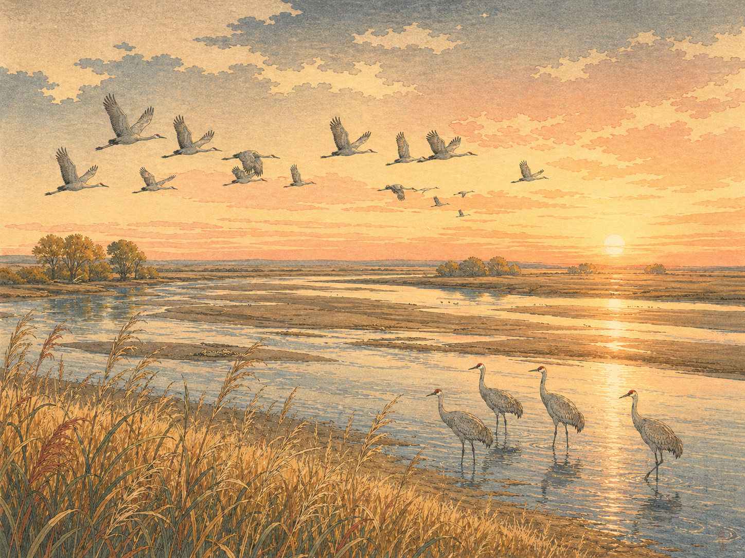 朝日のプラット川と水辺に立つサンドヒルクレーン