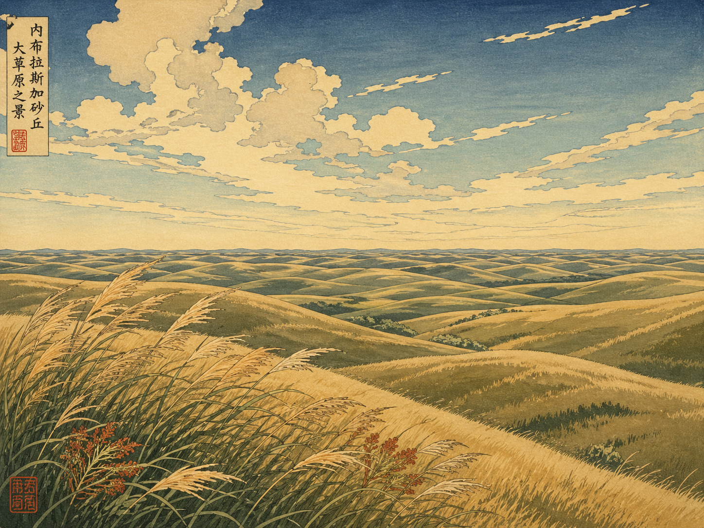 サンドヒルズの草に覆われた起伏と広大な空