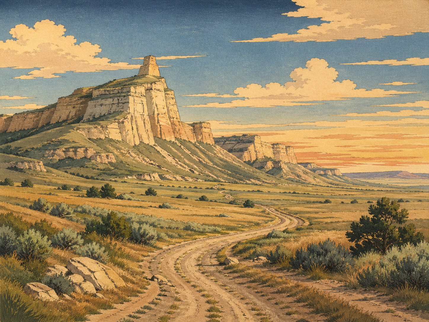 スコッツ・ブラフの断崖と開拓者の道を思わせる土の道