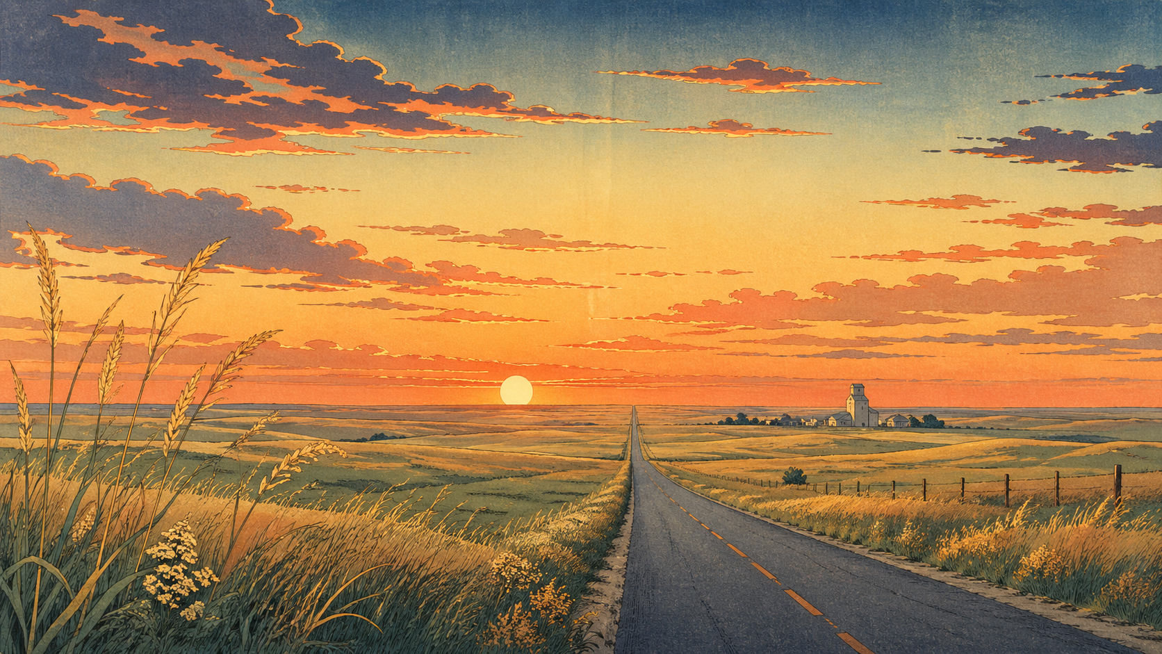 夕暮れのネブラスカ大平原をまっすぐな道が地平線へ伸びていく風景