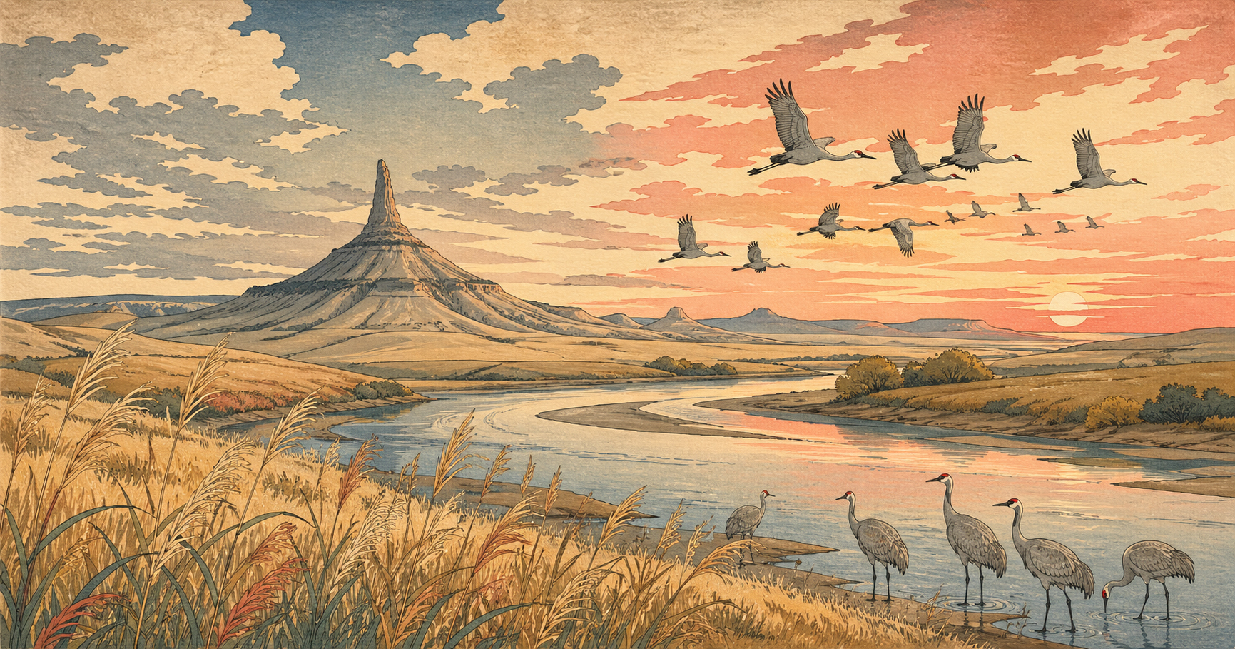 チムニー・ロック、プラット川、サンドヒルクレーン、大平原が重なるネブラスカの風景