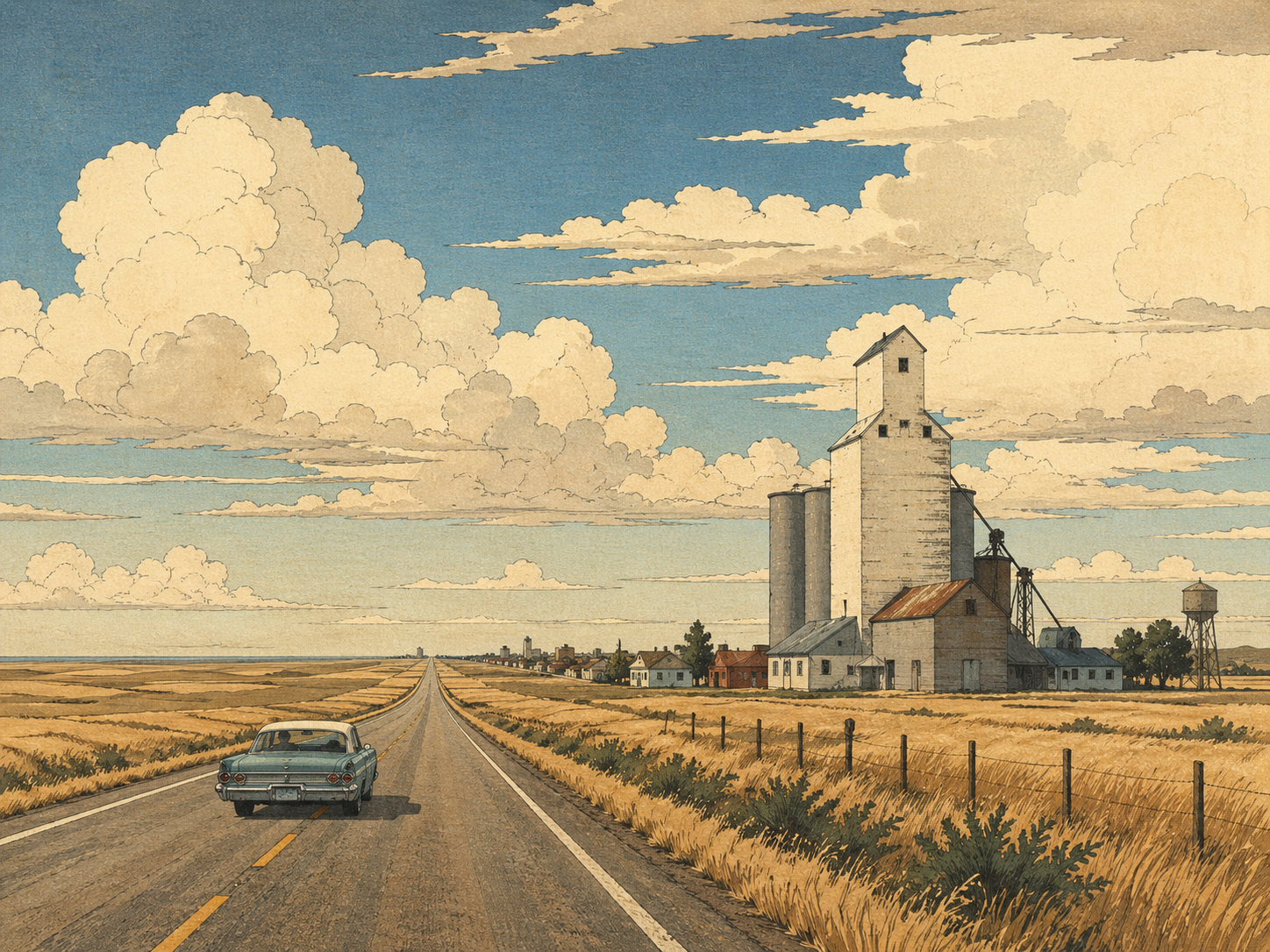 長いハイウェイ、穀物エレベーター、小さな町、そして大きな雲が広がるネブラスカのロードトリップ風景